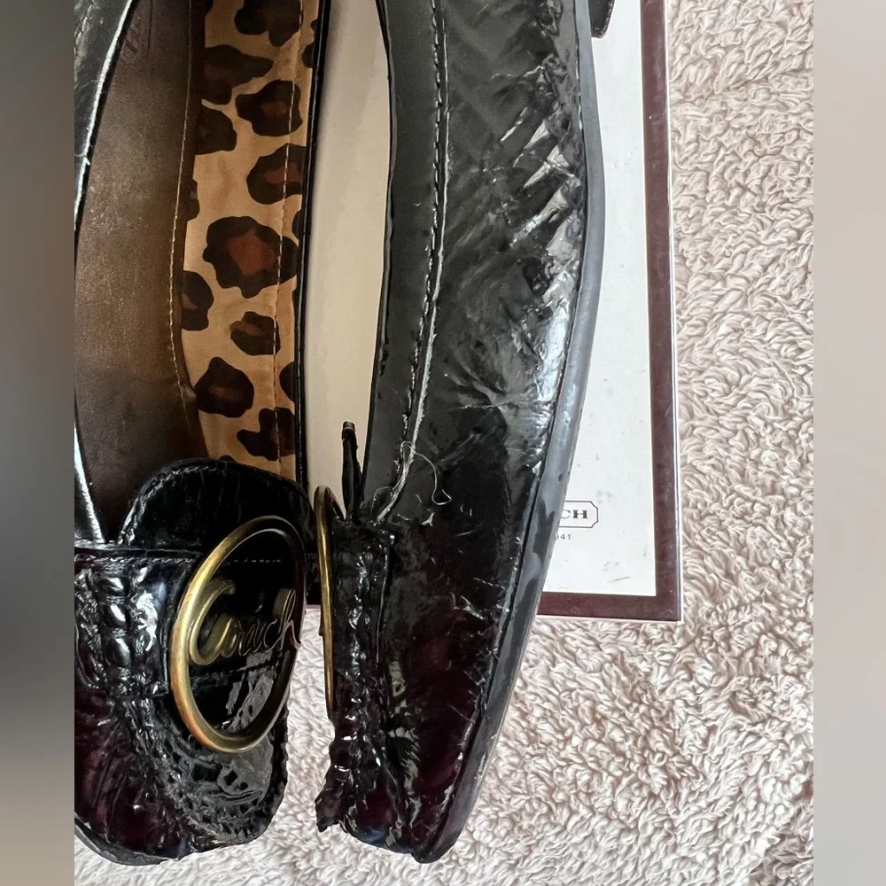 Coach Black Patent Leather Loafers with Gold Logo Medallions